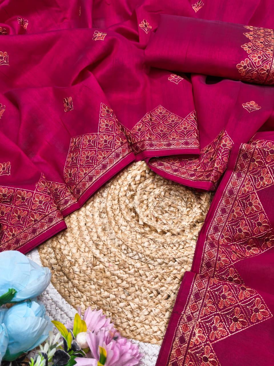 Embroidered Tussar Silk Saree with Blouse Multi Thread Work Wedding and Festival Wear-PINK