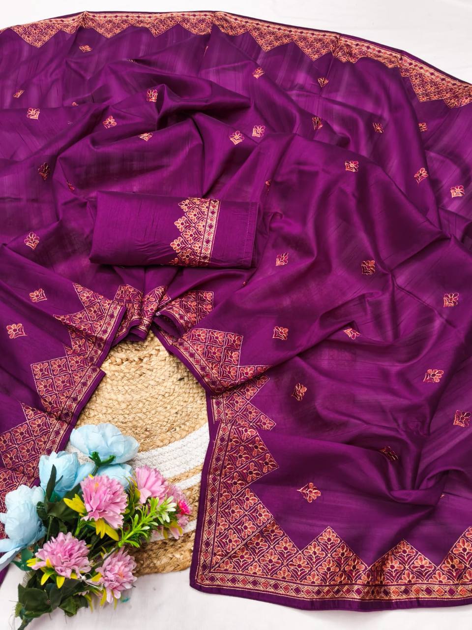 Embroidered Tussar Silk Saree with Blouse Multi Thread Work Wedding and Festival Wear-PURPAL