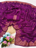 Embroidered Tussar Silk Saree with Blouse Multi Thread Work Wedding and Festival Wear-PURPAL