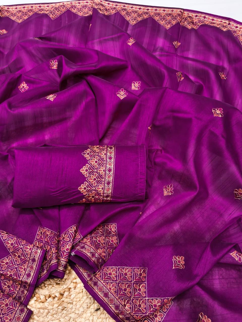 Embroidered Tussar Silk Saree with Blouse Multi Thread Work Wedding and Festival Wear-PURPAL