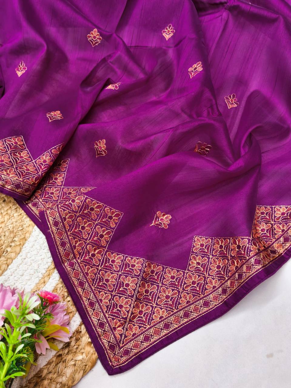 Embroidered Tussar Silk Saree with Blouse Multi Thread Work Wedding and Festival Wear-PURPAL