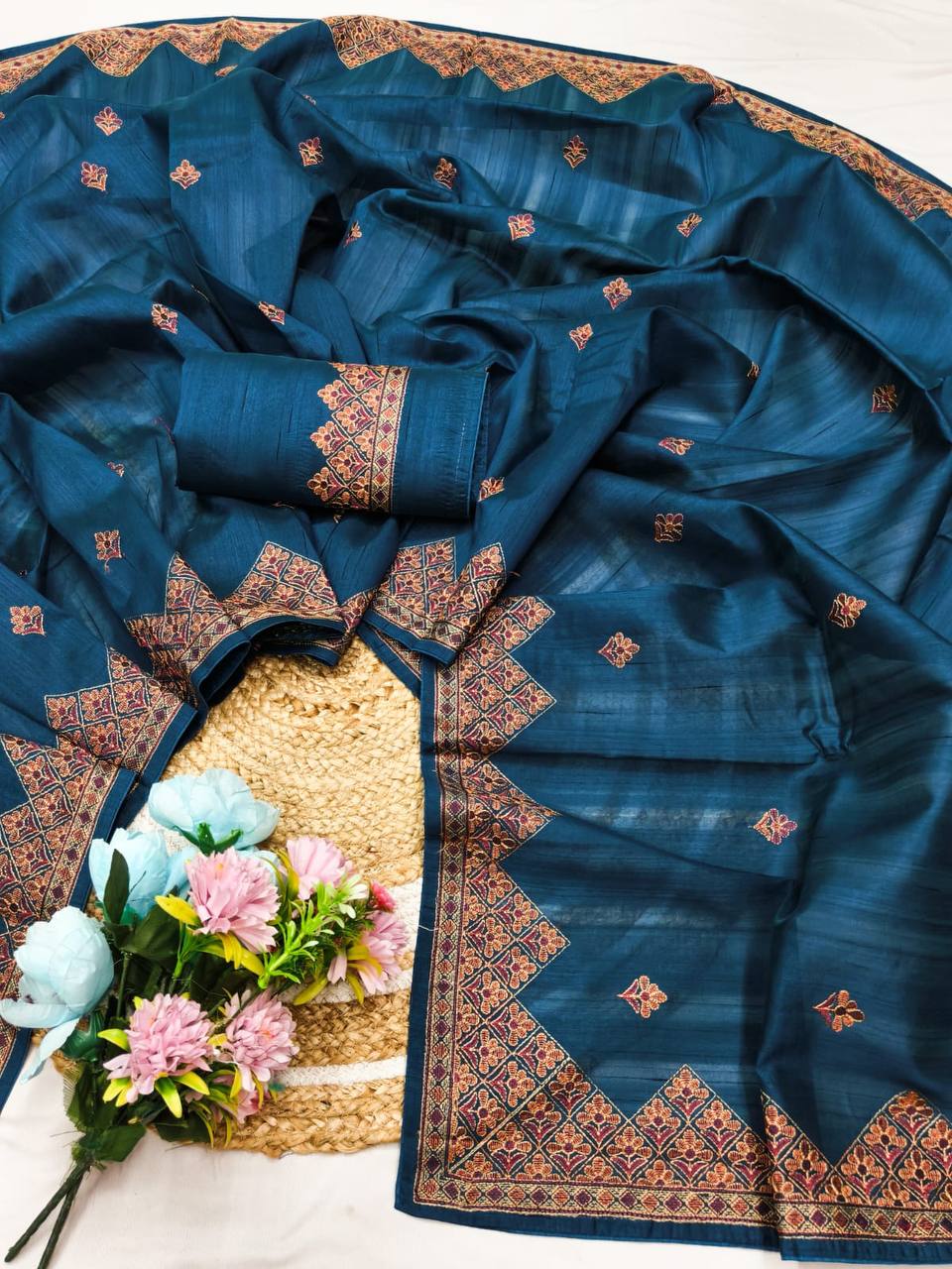 Embroidered Tussar Silk Saree with Blouse Multi Thread Work Wedding and Festival Wear-BLUE