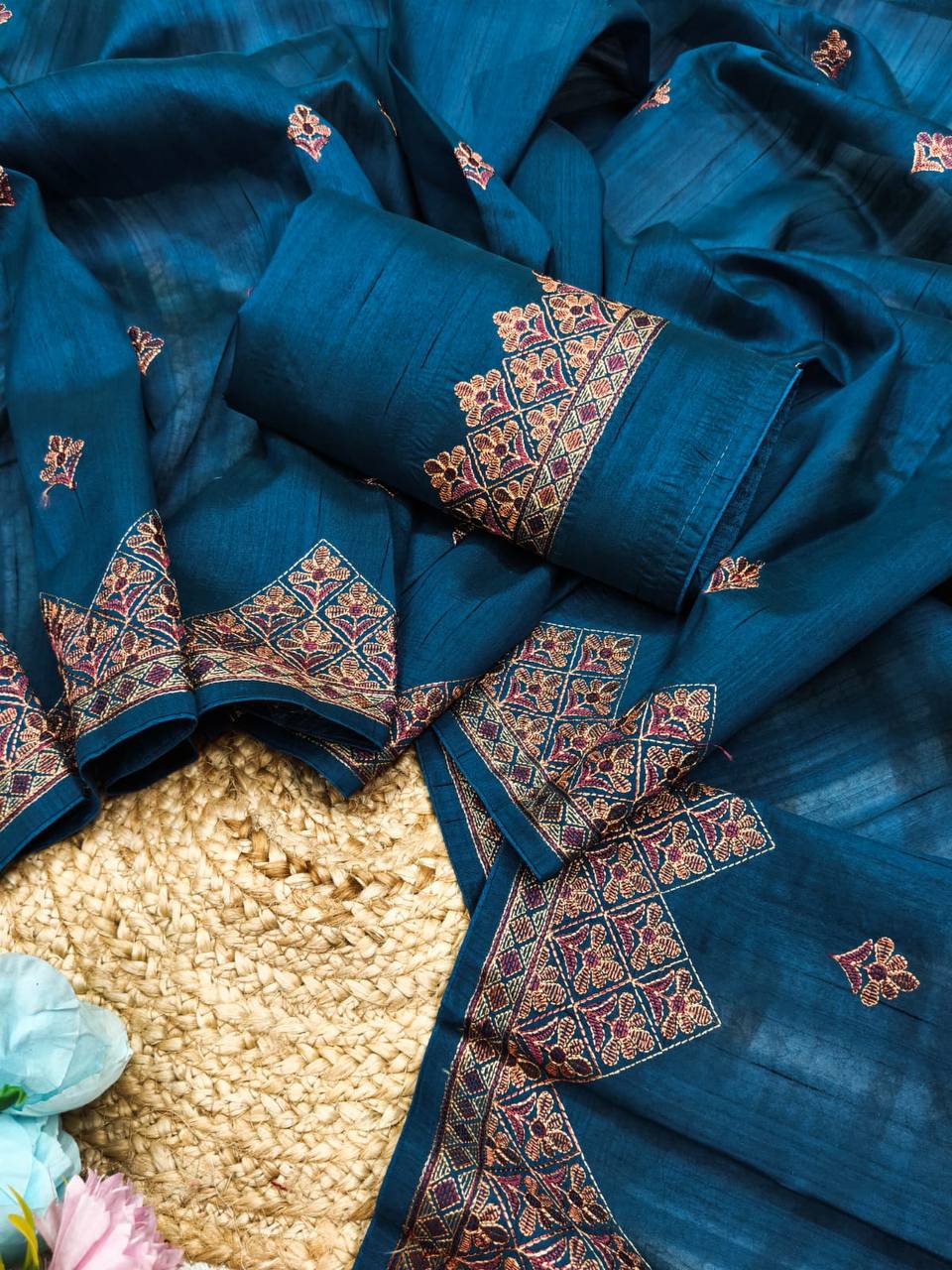 Embroidered Tussar Silk Saree with Blouse Multi Thread Work Wedding and Festival Wear-BLUE