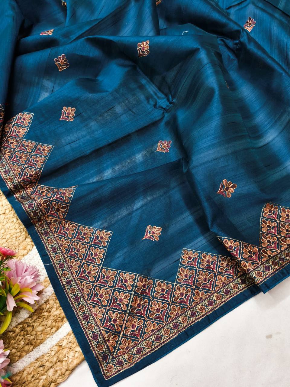 Embroidered Tussar Silk Saree with Blouse Multi Thread Work Wedding and Festival Wear-BLUE