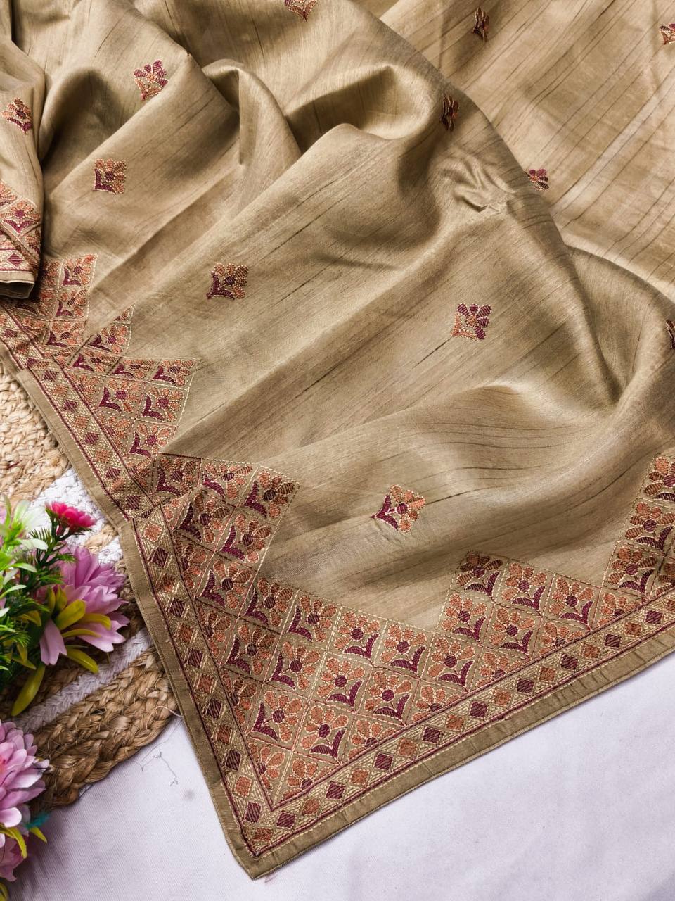 Embroidered Tussar Silk Saree with Blouse Multi Thread Work Wedding and Festival Wear -cream