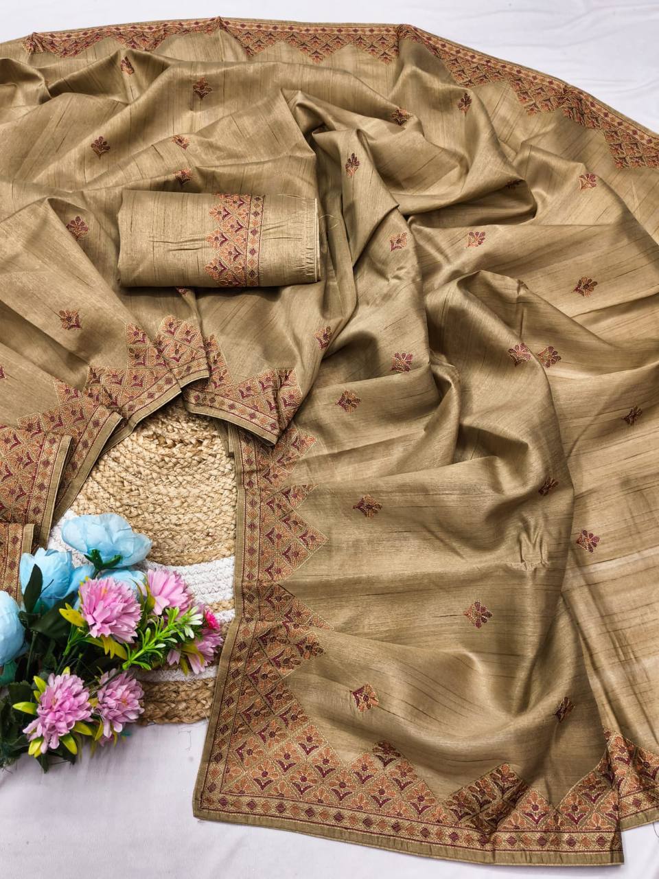 Embroidered Tussar Silk Saree with Blouse Multi Thread Work Wedding and Festival Wear -cream