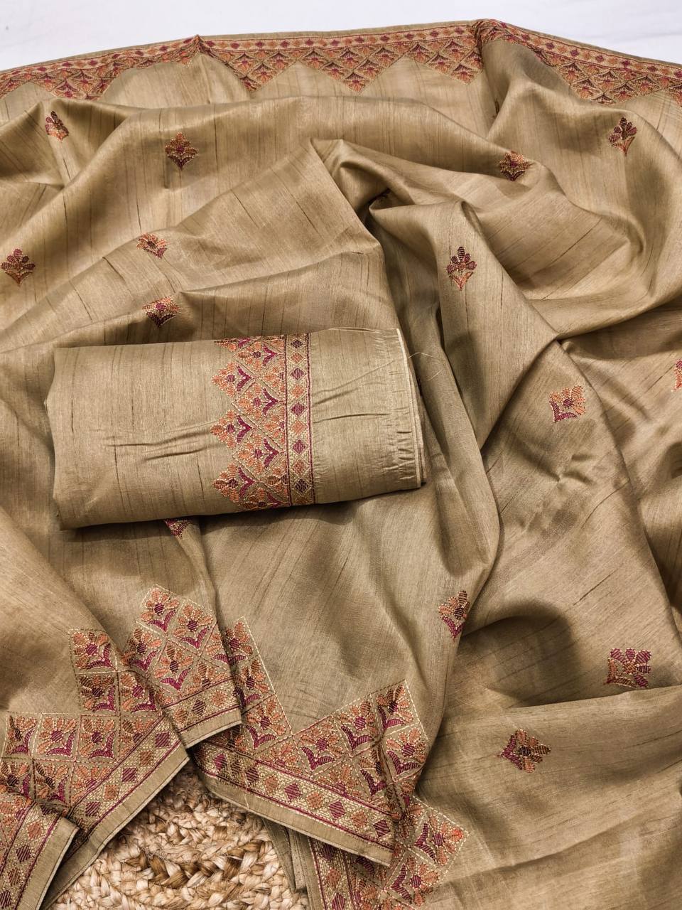 Embroidered Tussar Silk Saree with Blouse Multi Thread Work Wedding and Festival Wear -cream
