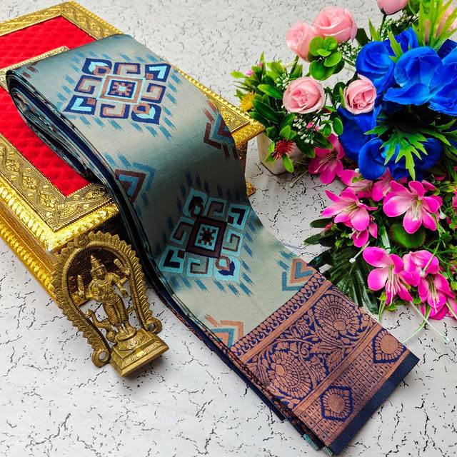 SOFT AND PURE BANARASI SILK WITH FLOWERS AND MINA GOLD SAREE DESIGN - SKYE BLUE