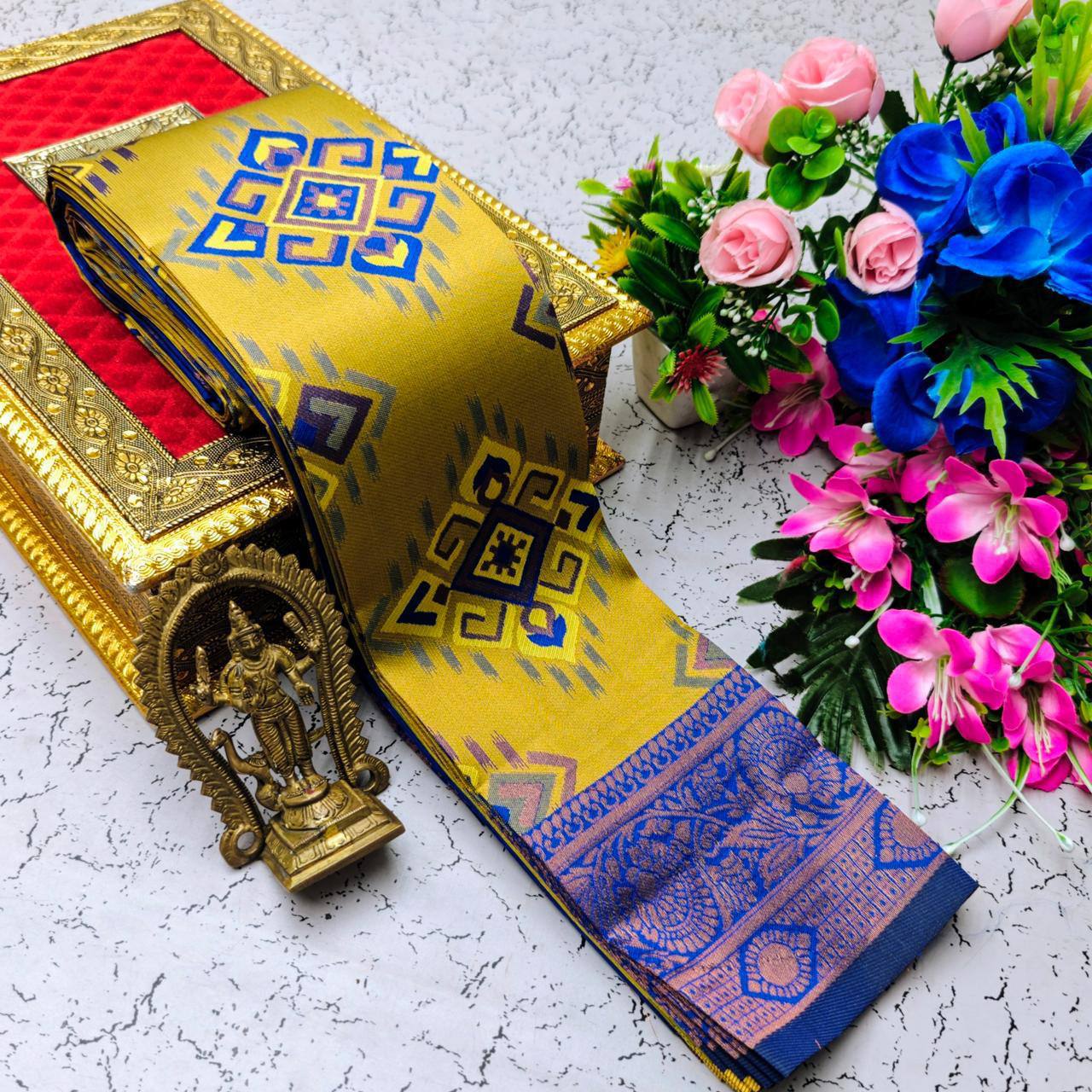 SOFT AND PURE BANARASI SILK WITH FLOWERS AND MINA GOLD SAREE DESIGN - YELLOW