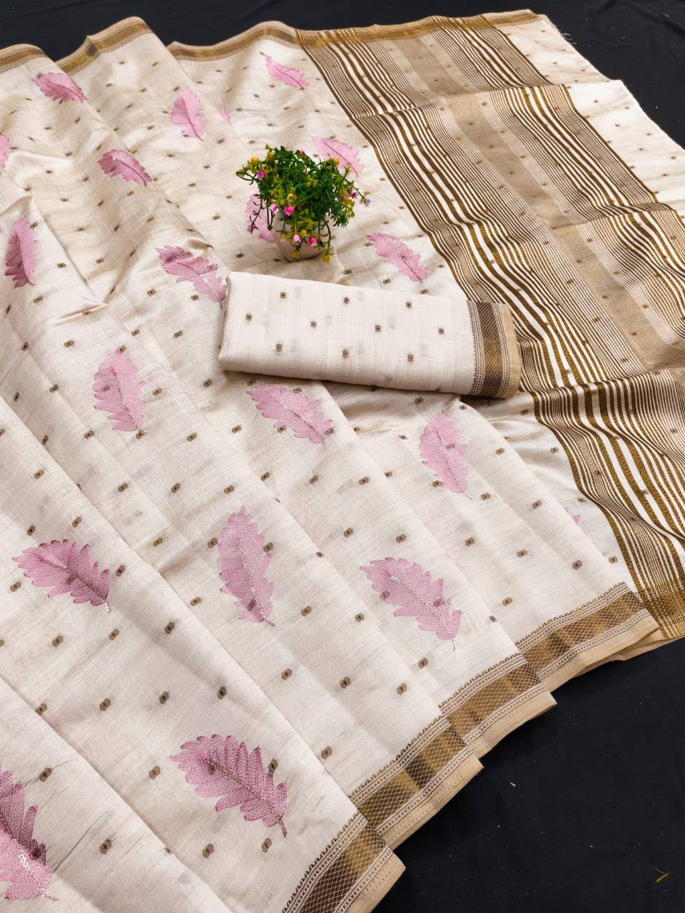 Ivory Tussar Silk Saree with Gold Border Peach Embroidery Diwali Saree with Blouse