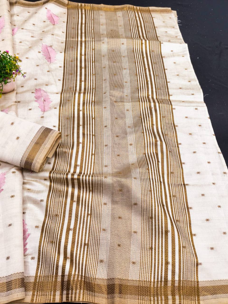 Ivory Tussar Silk Saree with Gold Border Peach Embroidery Diwali Saree with Blouse