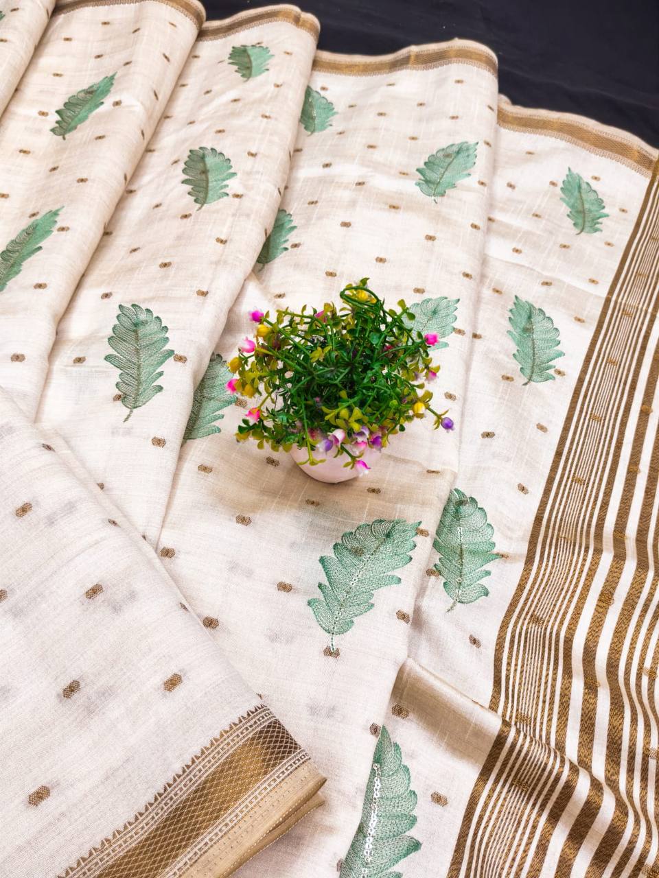 Ivory Tussar Silk Saree with Gold Border Peach Embroidery Diwali Saree with Blouse