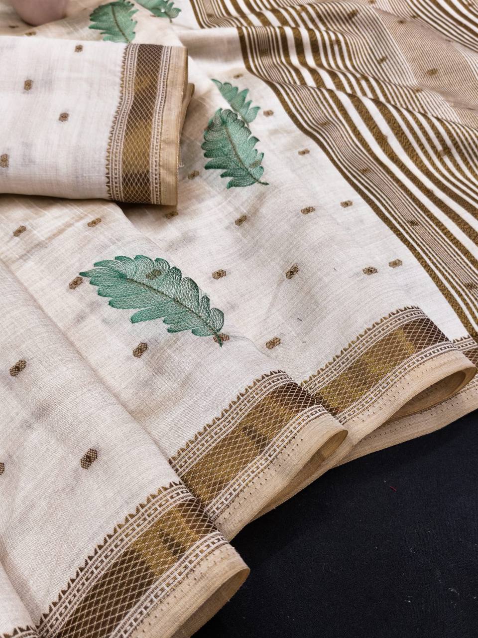 Ivory Tussar Silk Saree with Gold Border Peach Embroidery Diwali Saree with Blouse  pista