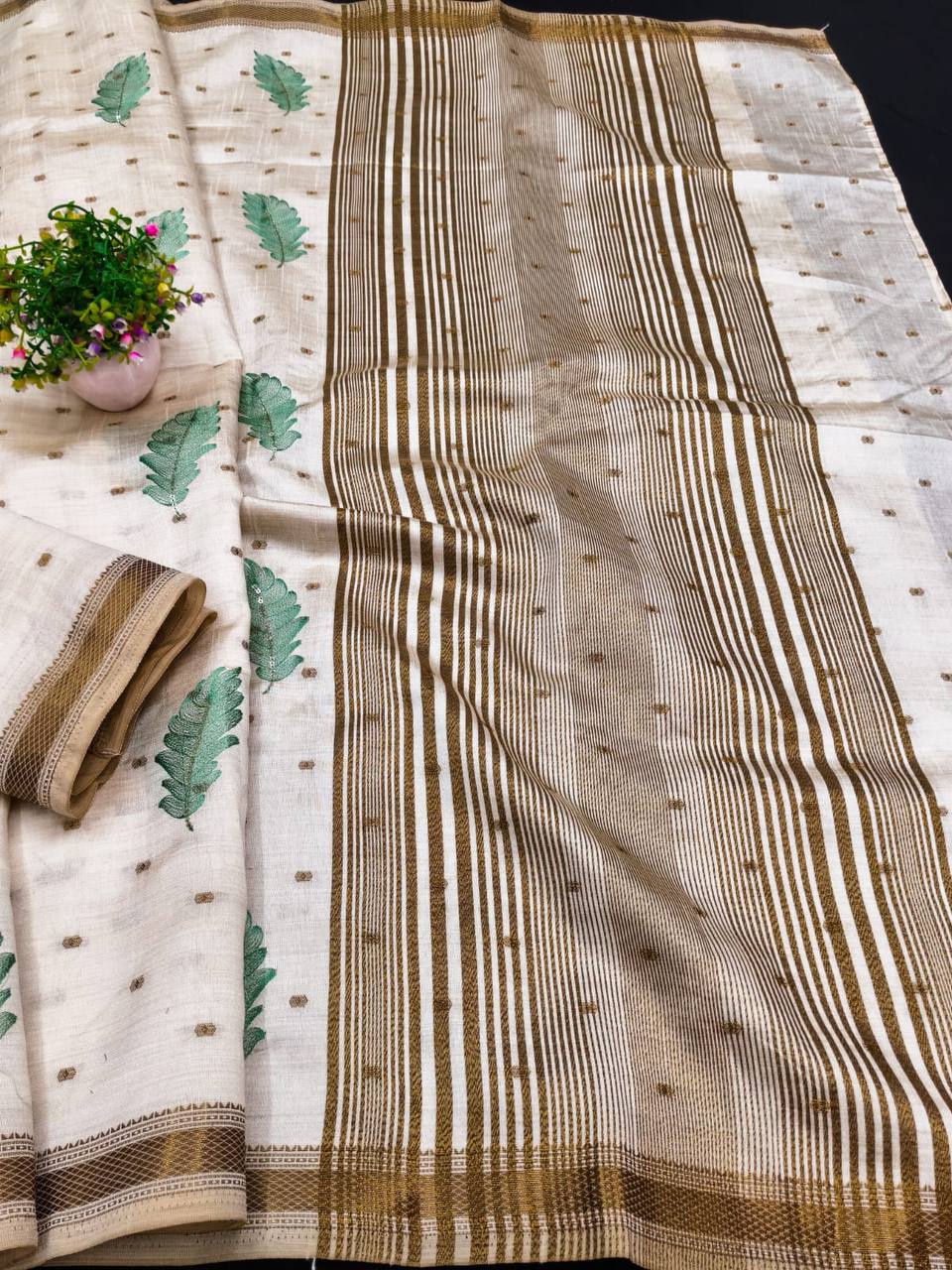 Ivory Tussar Silk Saree with Gold Border Peach Embroidery Diwali Saree with Blouse