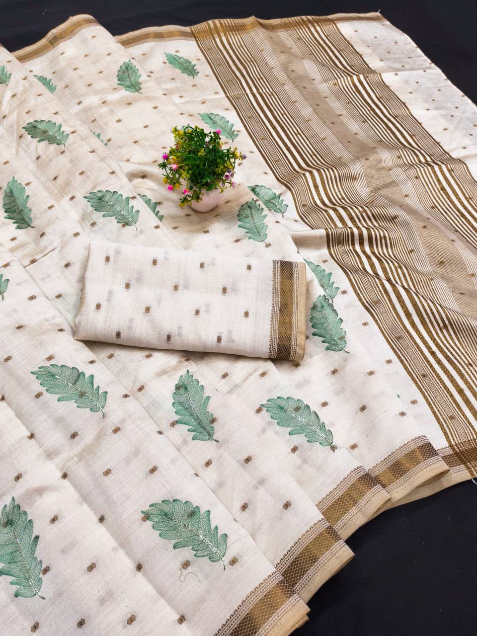 Ivory Tussar Silk Saree with Gold Border Peach Embroidery Diwali Saree with Blouse  pista