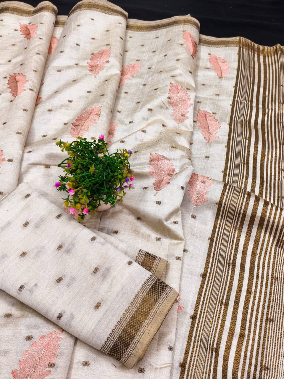 Ivory Tussar Silk Saree with Gold Border Peach Embroidery Diwali Saree with Blouse