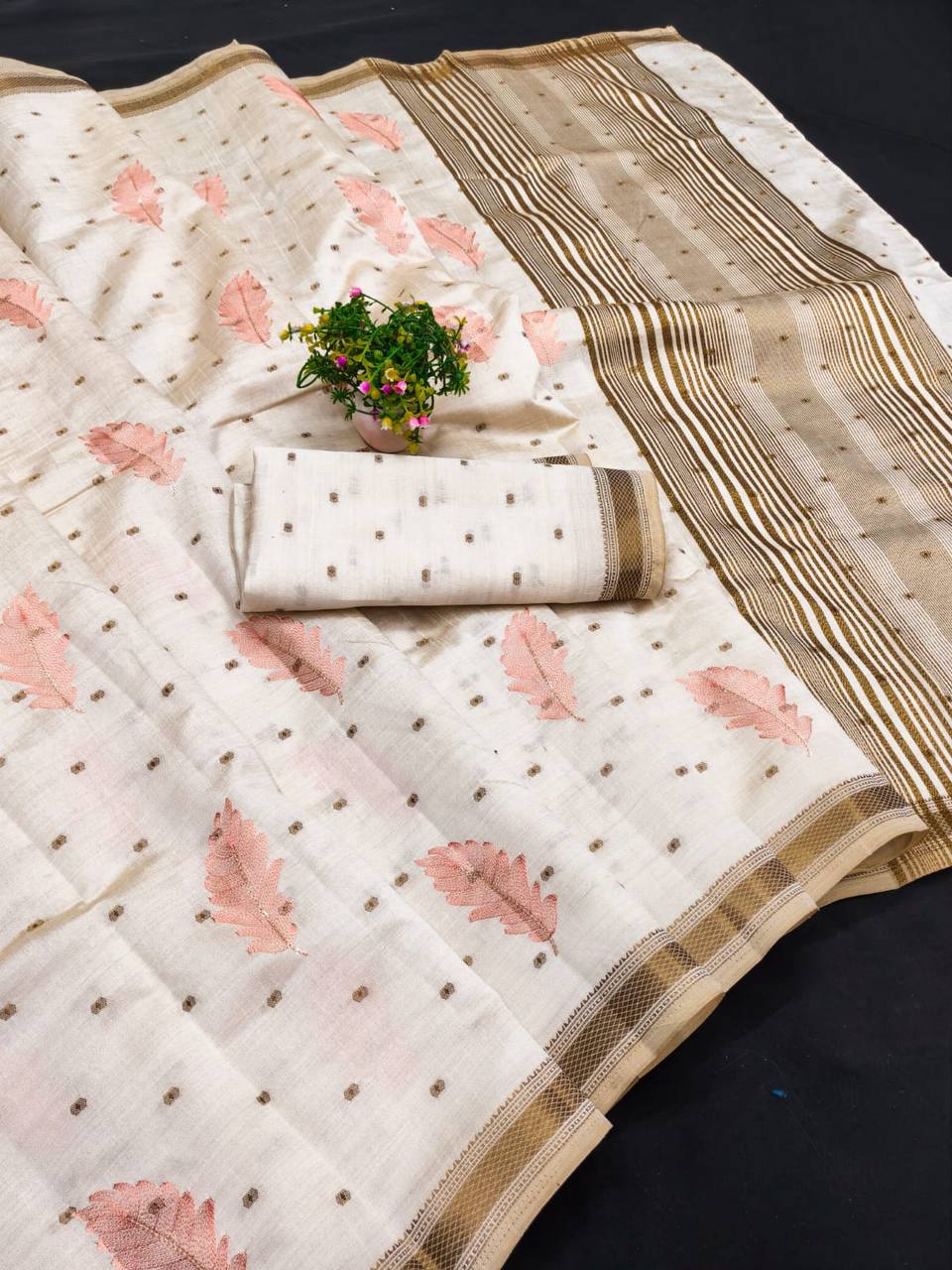 Ivory Tussar Silk Saree with Gold Border Peach Embroidery Diwali Saree with Blouse  Light  salmon pink