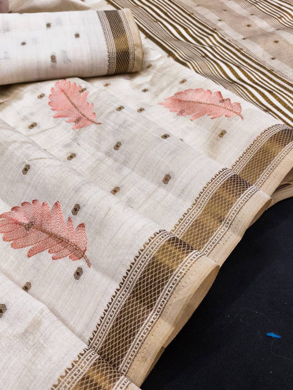 Ivory Tussar Silk Saree with Gold Border Peach Embroidery Diwali Saree with Blouse  Light  salmon pink