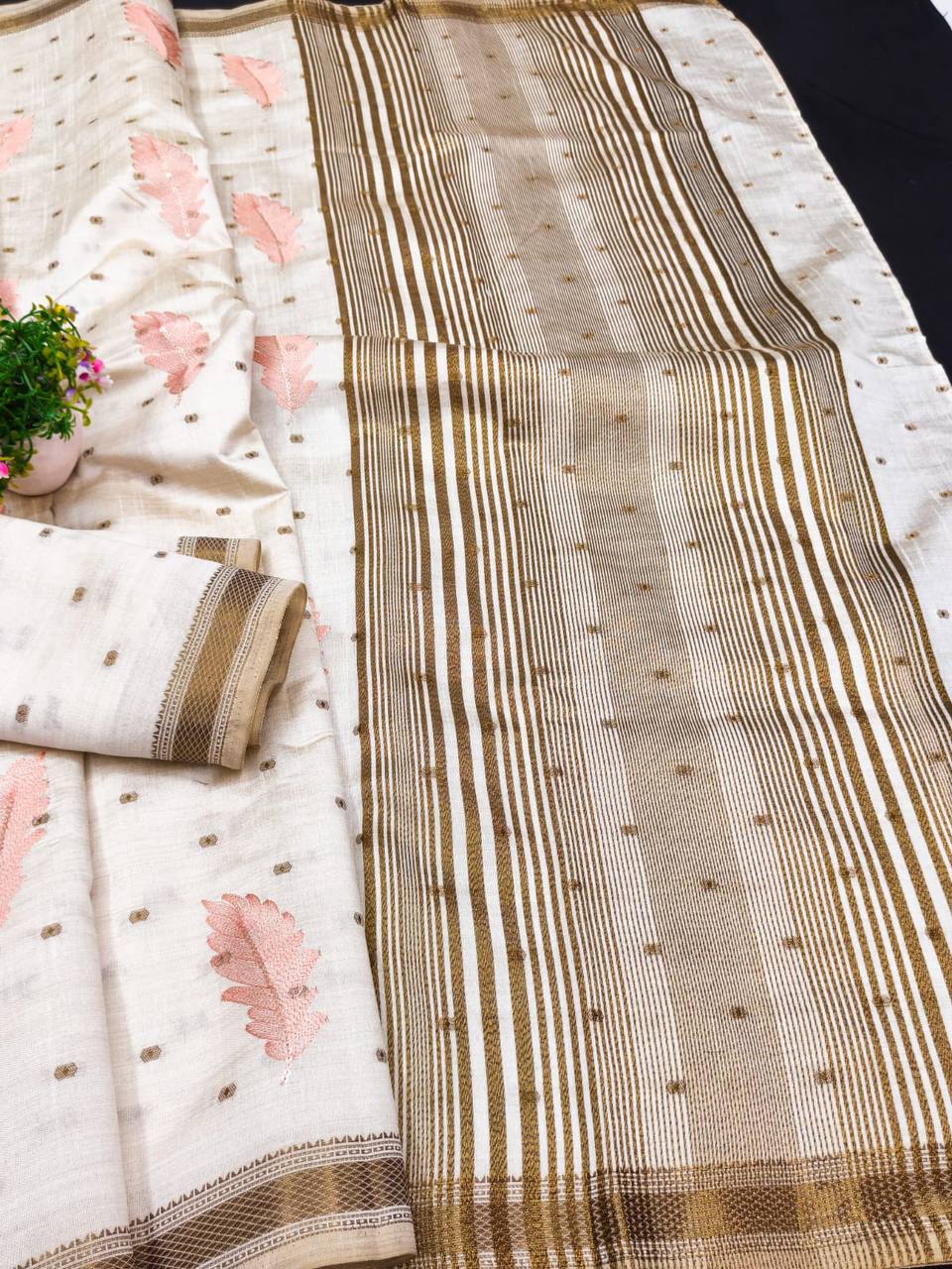 Ivory Tussar Silk Saree with Gold Border Peach Embroidery Diwali Saree with Blouse