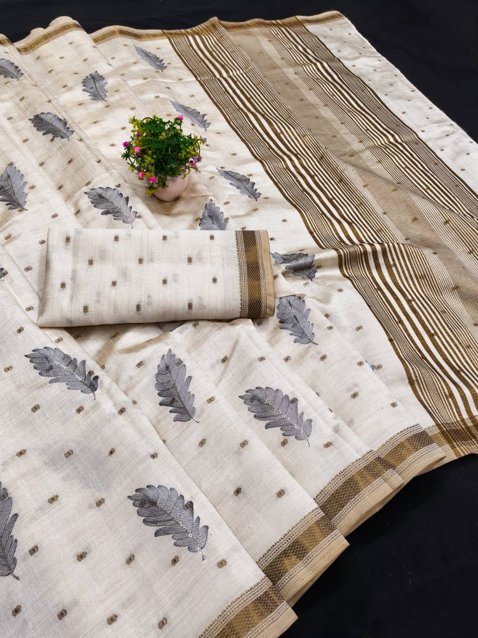 Ivory Tussar Silk Saree with Gold Border Peach Embroidery Diwali Saree with Blouse