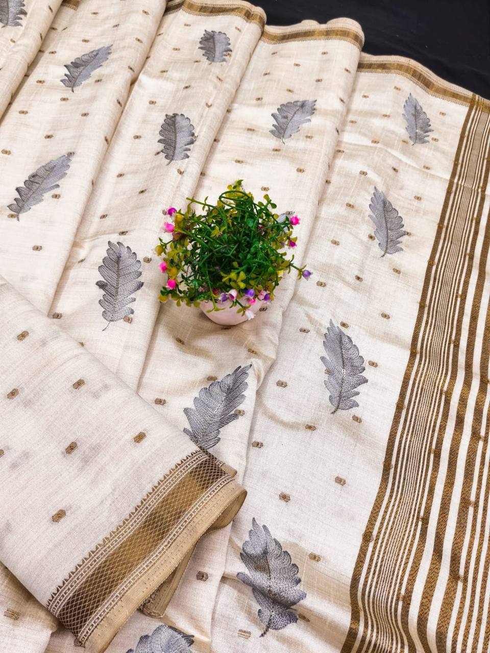 Ivory Tussar Silk Saree with Gold Border Peach Embroidery Diwali Saree with Blouse  gray