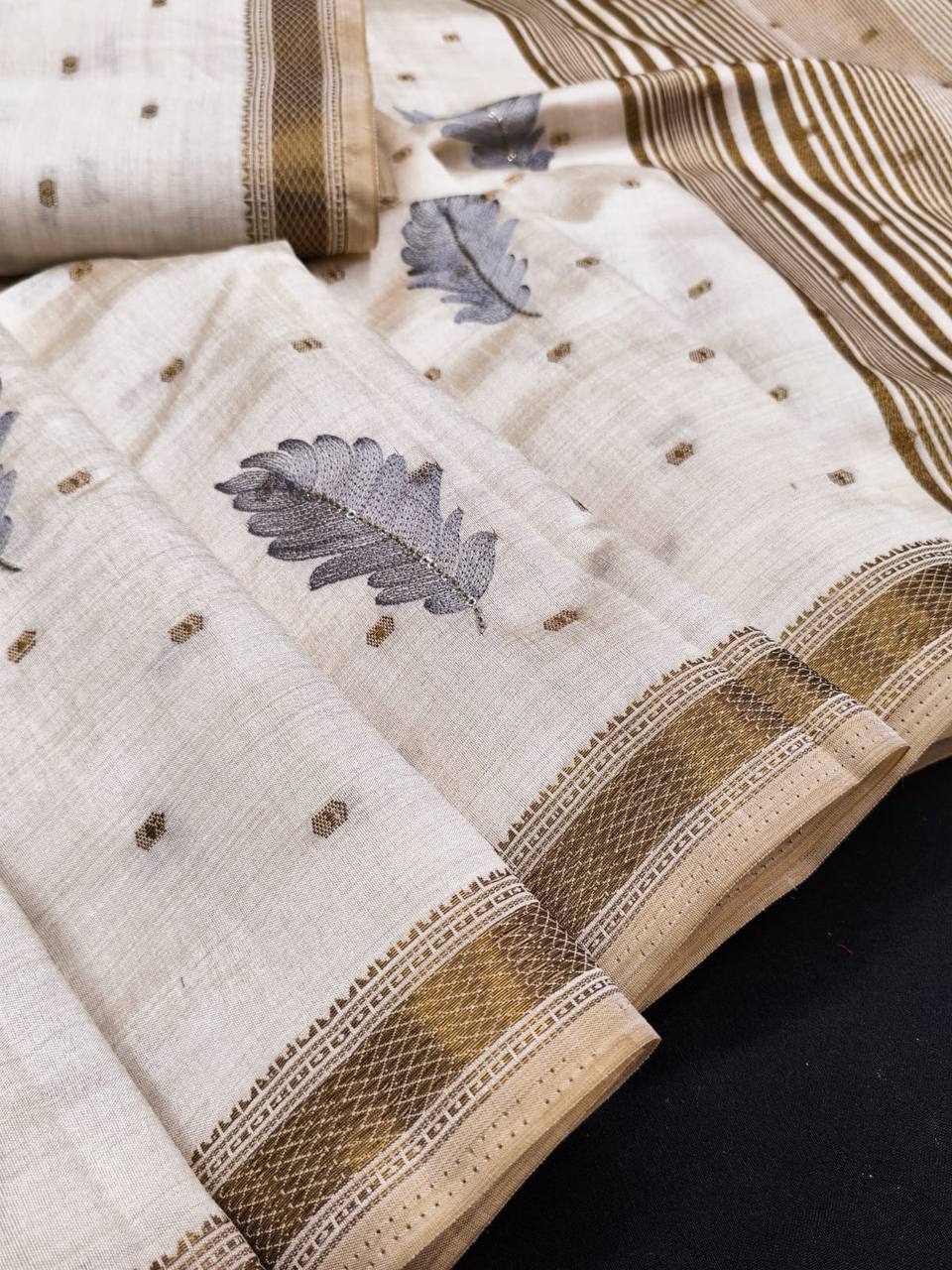 Ivory Tussar Silk Saree with Gold Border Peach Embroidery Diwali Saree with Blouse  gray