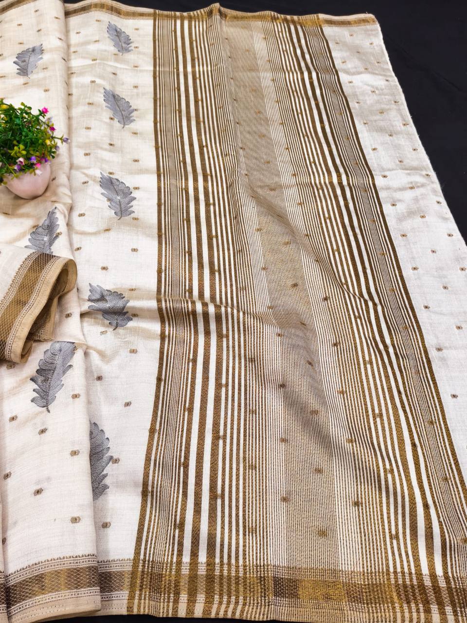 Ivory Tussar Silk Saree with Gold Border Peach Embroidery Diwali Saree with Blouse