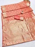 ORANGE FANCY BANARASI SILK FLOWERS AND MINA WITH WEAVING ZARI RICH PALLU AND BORDER WORK SAREE WITH UNSTITCHED BLOUSE