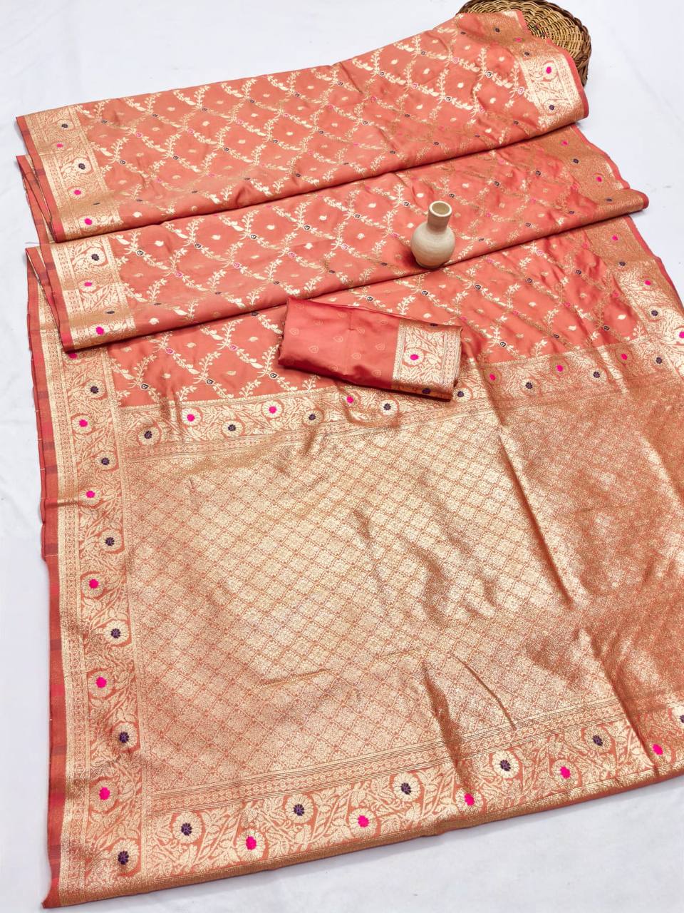 ORANGE FANCY BANARASI SILK FLOWERS AND MINA WITH WEAVING ZARI RICH PALLU AND BORDER WORK SAREE WITH UNSTITCHED BLOUSE