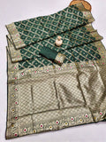 GREEN  FANCY BANARASI SILK FLOWERS AND MINA WITH WEAVING ZARI RICH PALLU AND BORDER WORK SAREE WITH UNSTITCHED BLOUSE