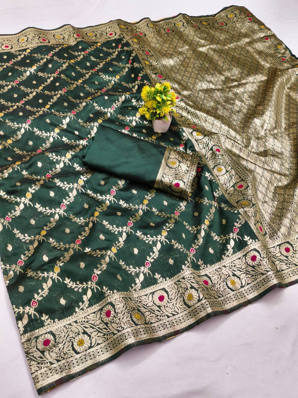 GREEN  FANCY BANARASI SILK FLOWERS AND MINA WITH WEAVING ZARI RICH PALLU AND BORDER WORK SAREE WITH UNSTITCHED BLOUSE