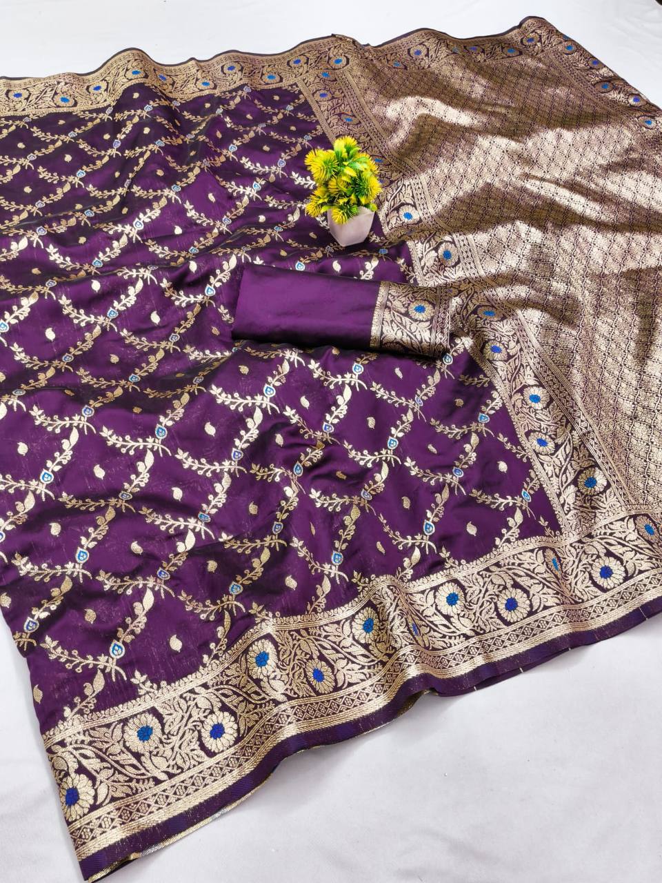 WINE  FANCY BANARASI SILK FLOWERS AND MINA WITH WEAVING ZARI RICH PALLU AND BORDER WORK SAREE WITH UNSTITCHED BLOUSE