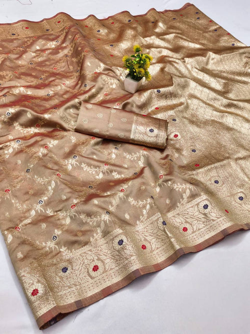 CREAM  FANCY BANARASI SILK FLOWERS AND MINA WITH WEAVING ZARI RICH PALLU AND BORDER WORK SAREE WITH UNSTITCHED BLOUSE