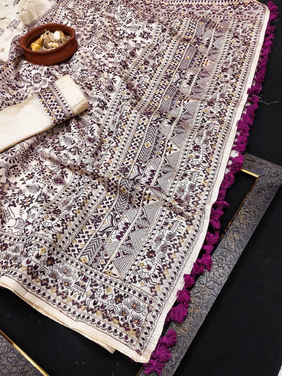 Mesmeric Embroidery Work Tussar Silk Saree With Classic Blouse Piece rani pink