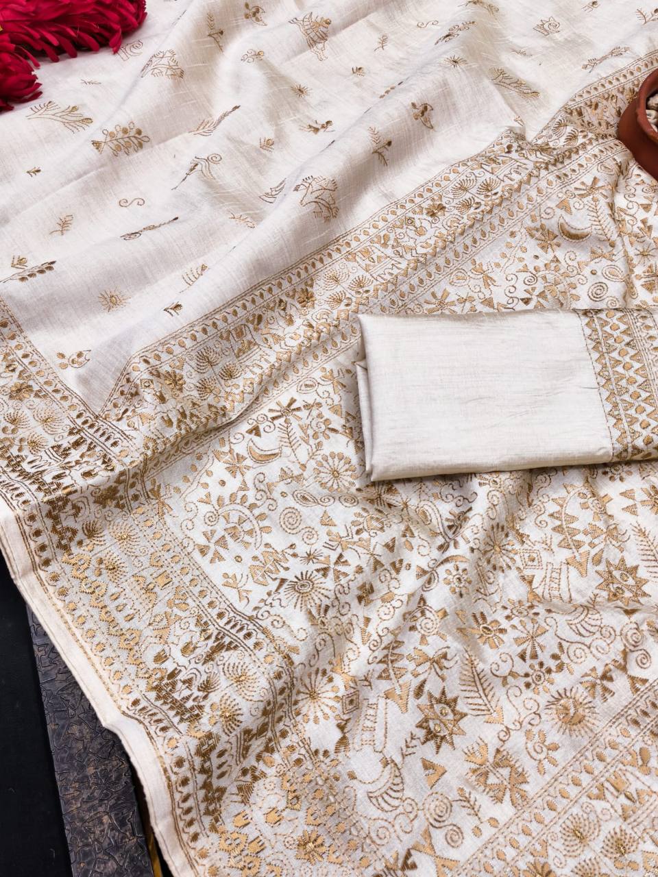 Mesmeric Embroidery Work Tussar Silk Saree With Classic Blouse Piece  yellow