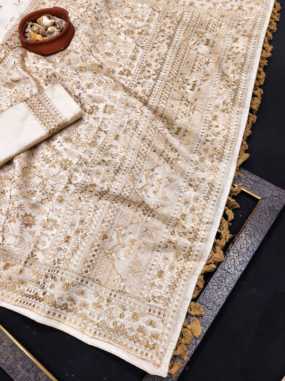 Mesmeric Embroidery Work Tussar Silk Saree With Classic Blouse Piece  yellow