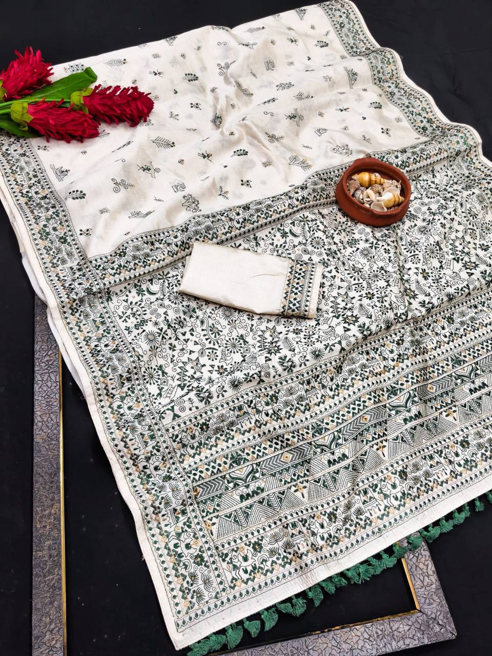 Mesmeric Embroidery Work Tussar Silk Saree With Classic Blouse rama