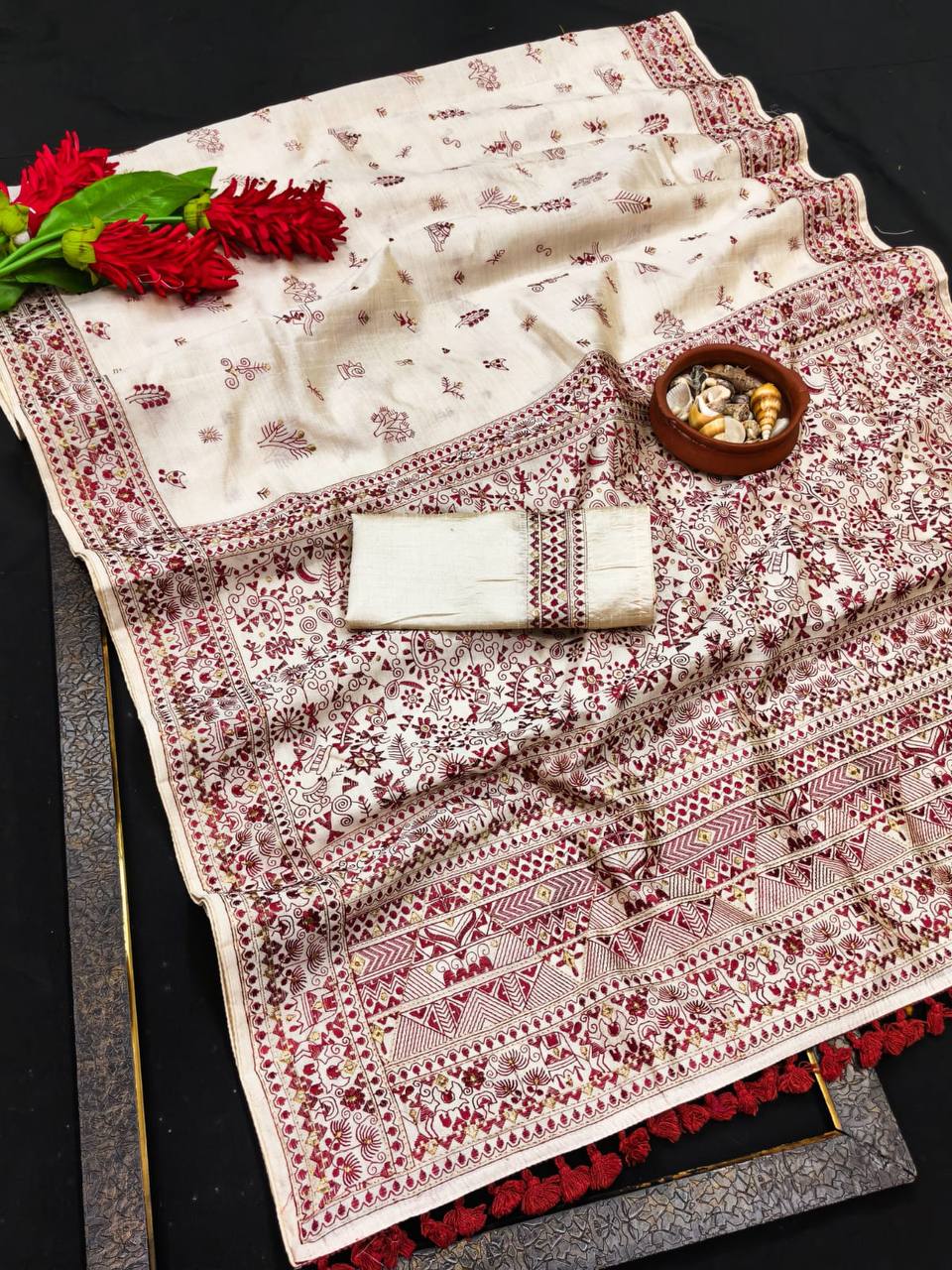 Mesmeric Embroidery Work Tussar Silk Saree With Classic Blouse Piece