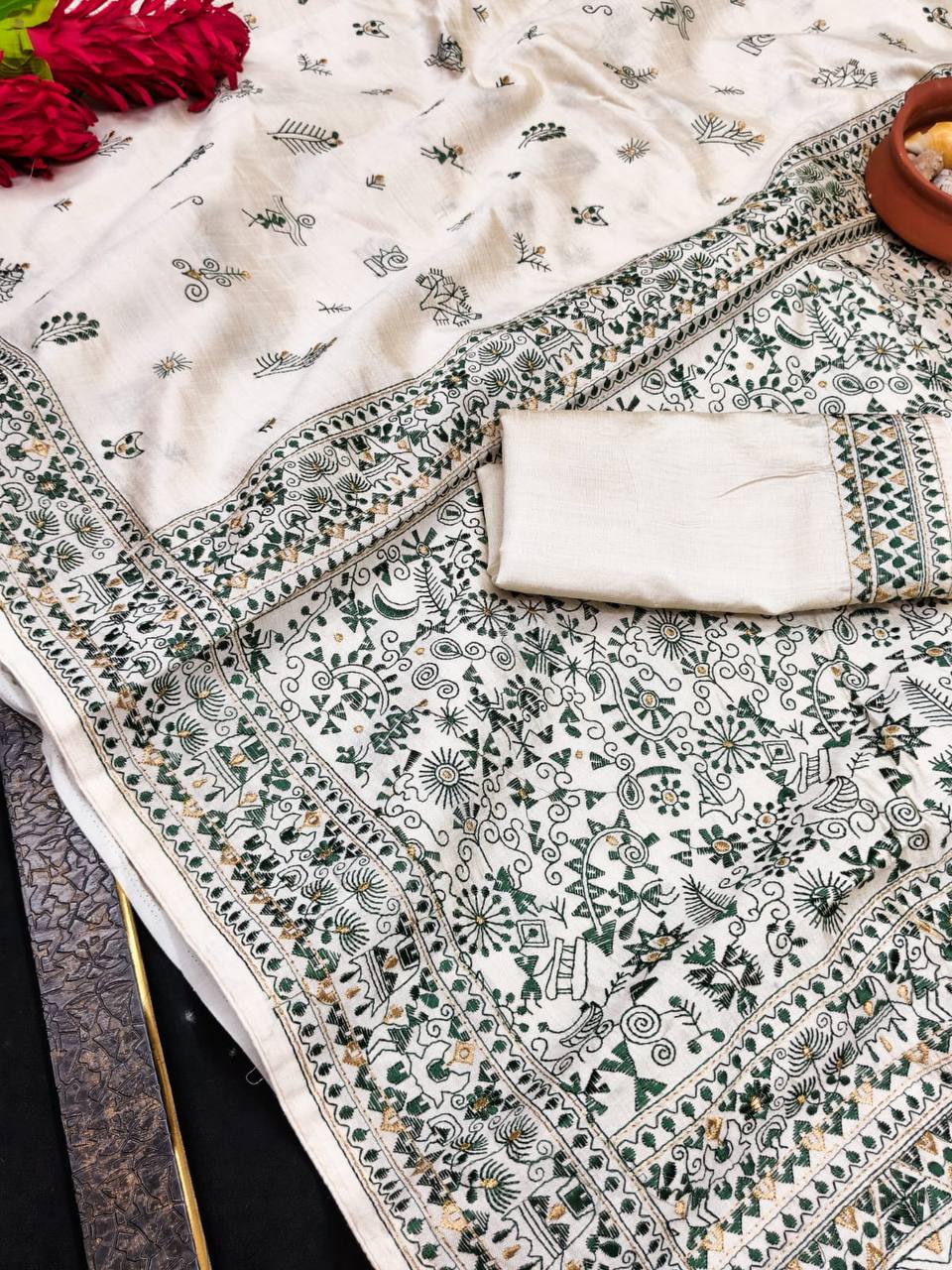 Mesmeric Embroidery Work Tussar Silk Saree With Classic Blouse rama