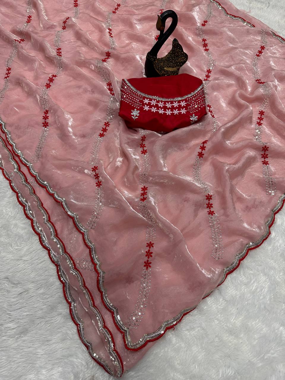 Tremendous Sequence Work Fandy Silk Saree With Effulgent Blouse Piece - LIGHT SALMON PINK