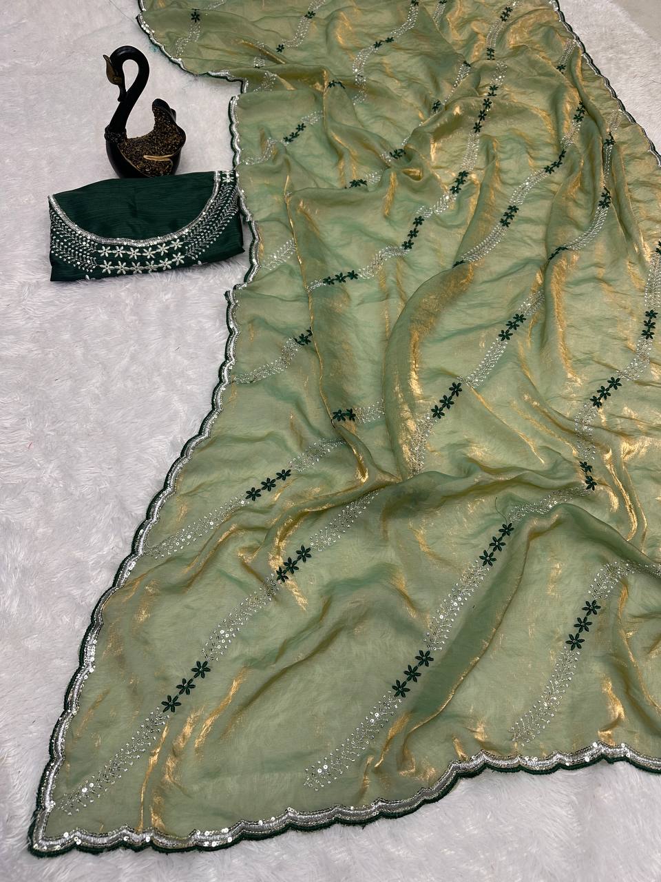 Tremendous Sequence Work Fandy Silk Saree With Effulgent Blouse Piece - PASTEL GREEN