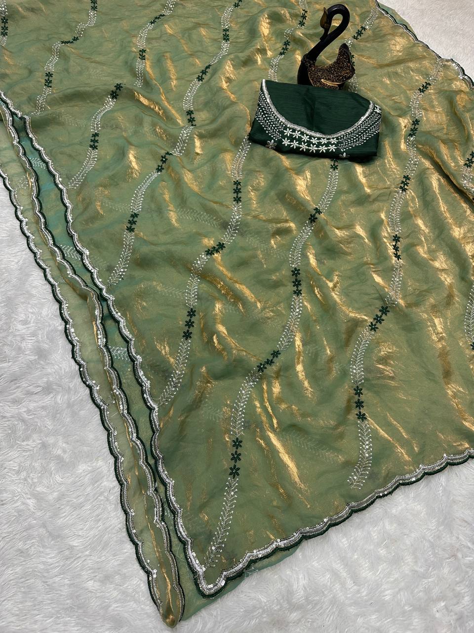 Tremendous Sequence Work Fandy Silk Saree With Effulgent Blouse Piece - PASTEL GREEN