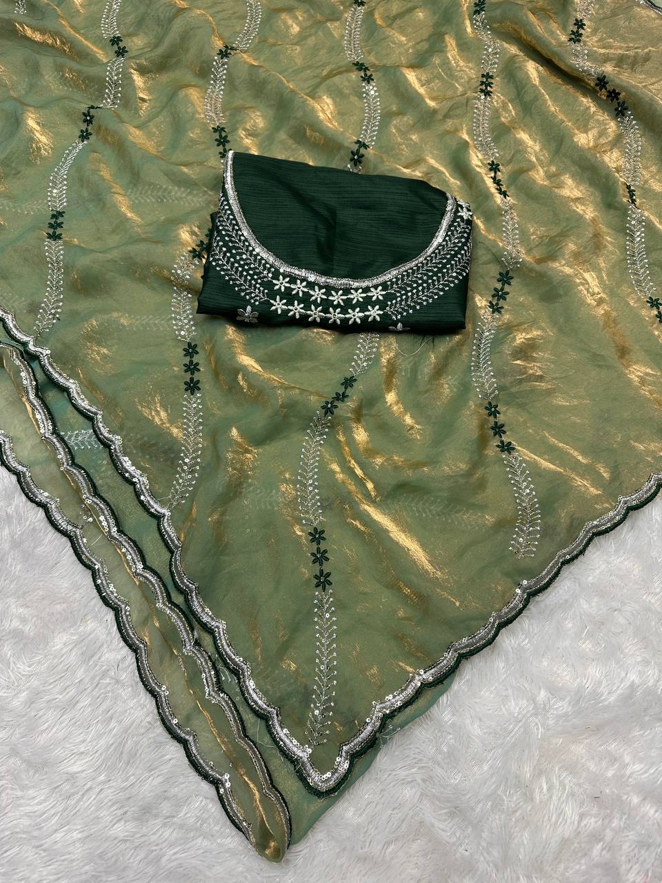 Tremendous Sequence Work Fandy Silk Saree With Effulgent Blouse Piece - PASTEL GREEN