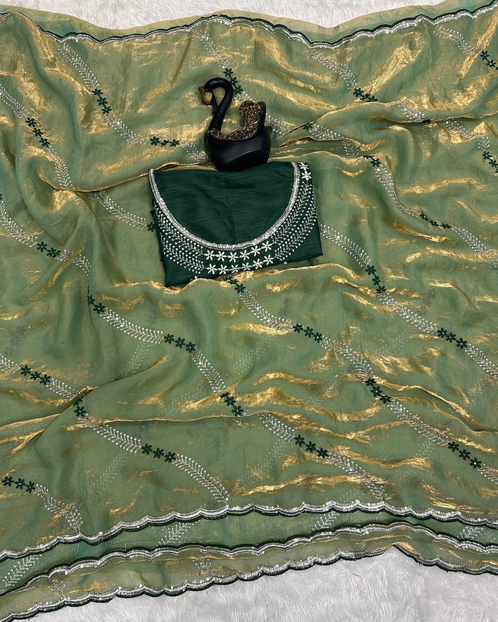 Tremendous Sequence Work Fandy Silk Saree With Effulgent Blouse Piece - PASTEL GREEN