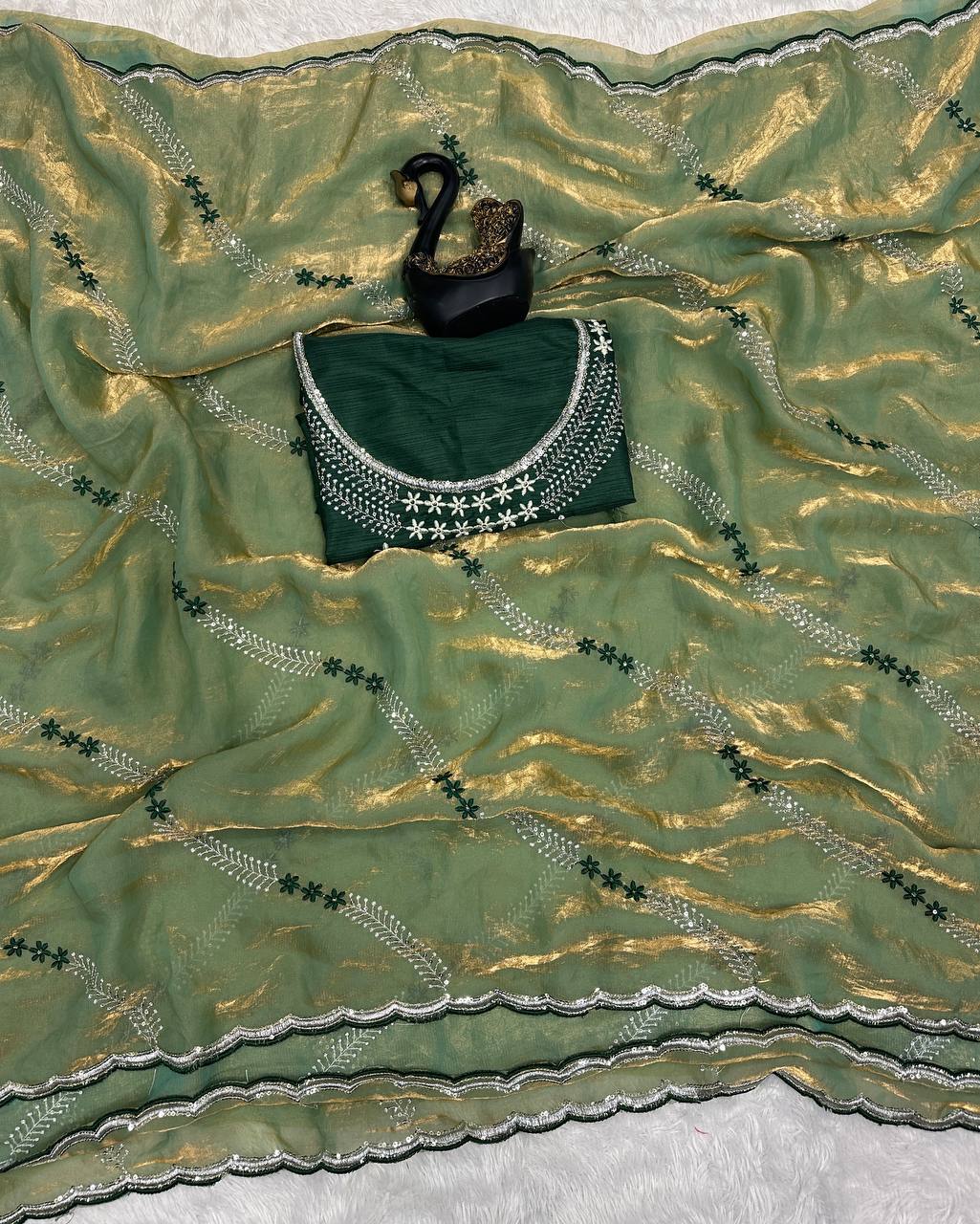 Tremendous Sequence Work Fandy Silk Saree With Effulgent Blouse Piece - PASTEL GREEN