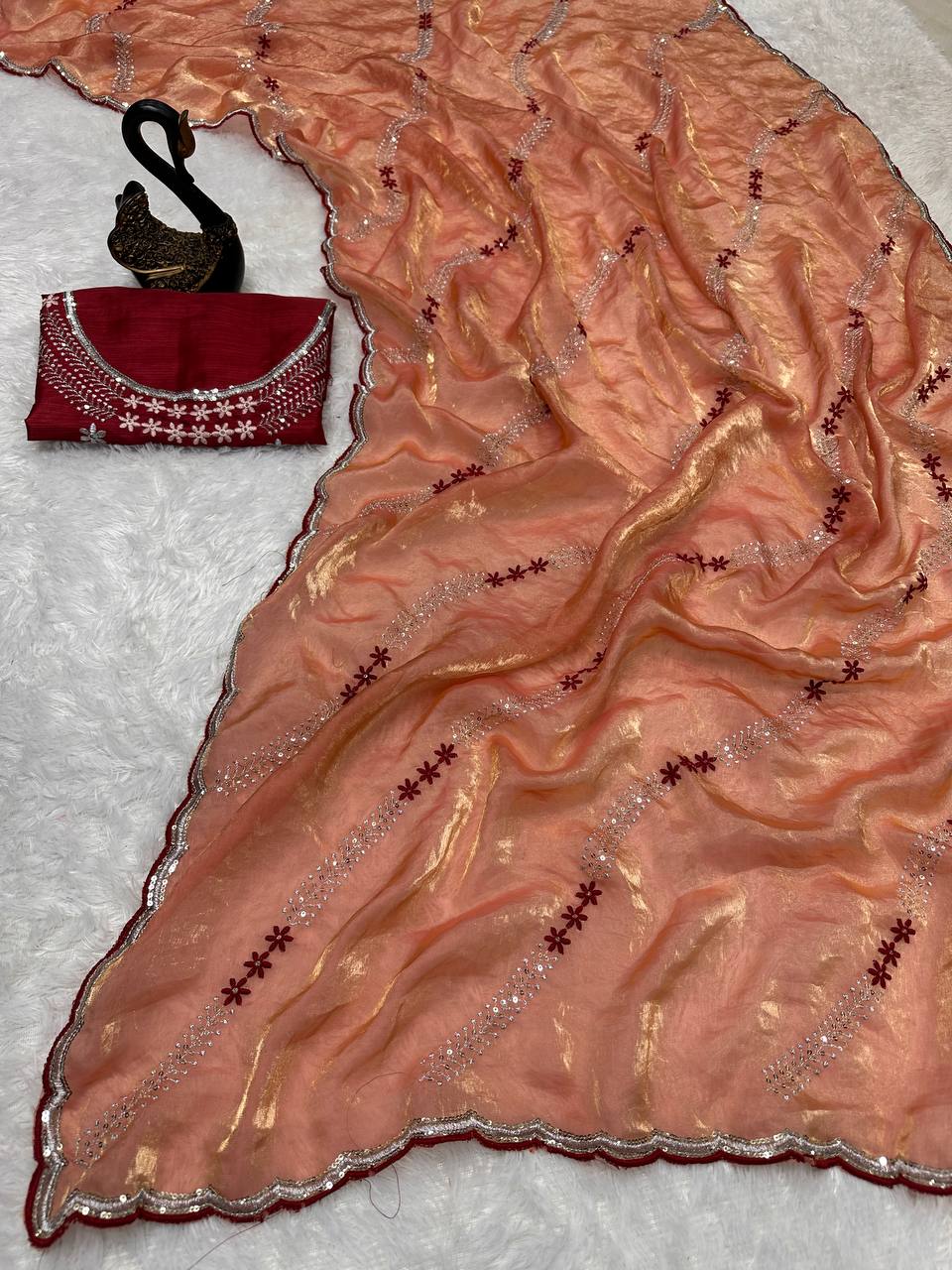 Tremendous Sequence Work Fandy Silk Saree With Effulgent Blouse Piece - ORANGE