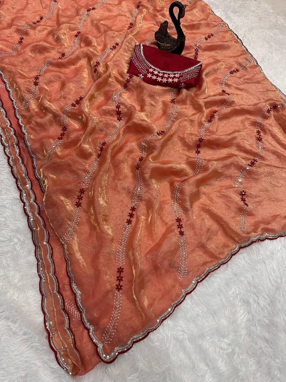 Tremendous Sequence Work Fandy Silk Saree With Effulgent Blouse Piece - ORANGE