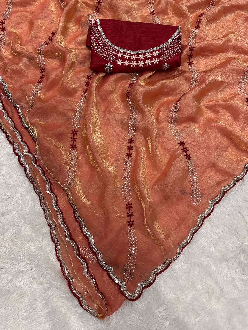 Tremendous Sequence Work Fandy Silk Saree With Effulgent Blouse Piece - ORANGE