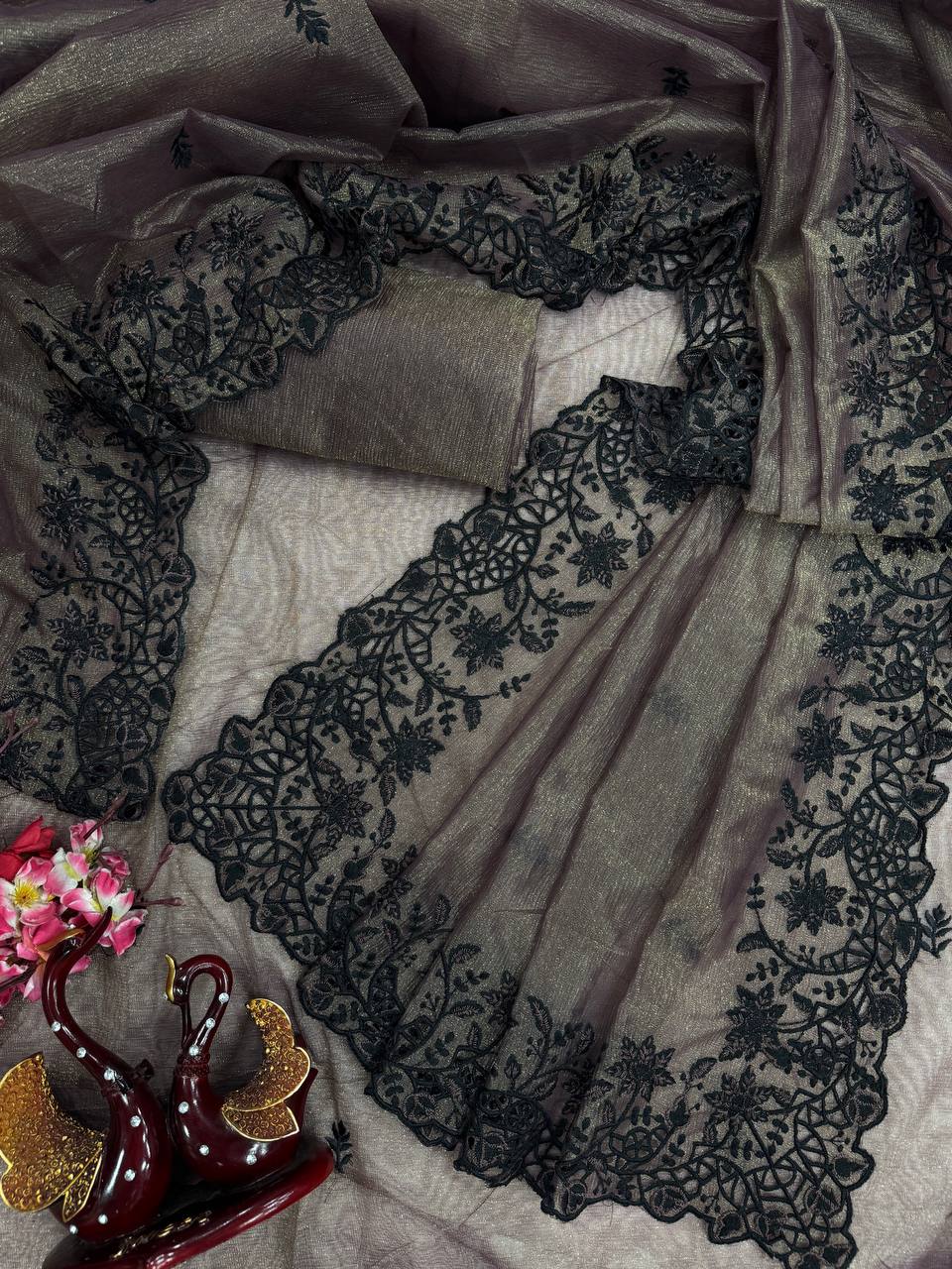 Gray Color Saree in Star Crush With Embroidery and Cut Work Border