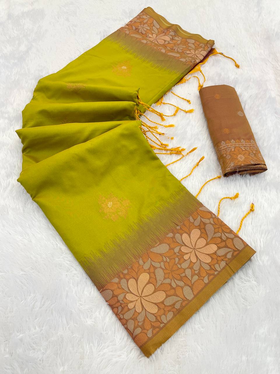 Elegant Two-Tone Banarasi Handloom Silk Saree lemon yellow